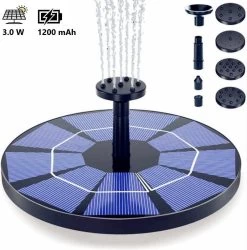 JGS Solar Fontein Op Zonne Energie – Upgrade-1200mAh Batterij Backup Accu – 3.0 W- Vogelbad- Vijver -Tuin Decoratie – Milieuvriendelijke Fontein – Met 6 Opzetstukken En Sproeicombinaties – ⌀180mm